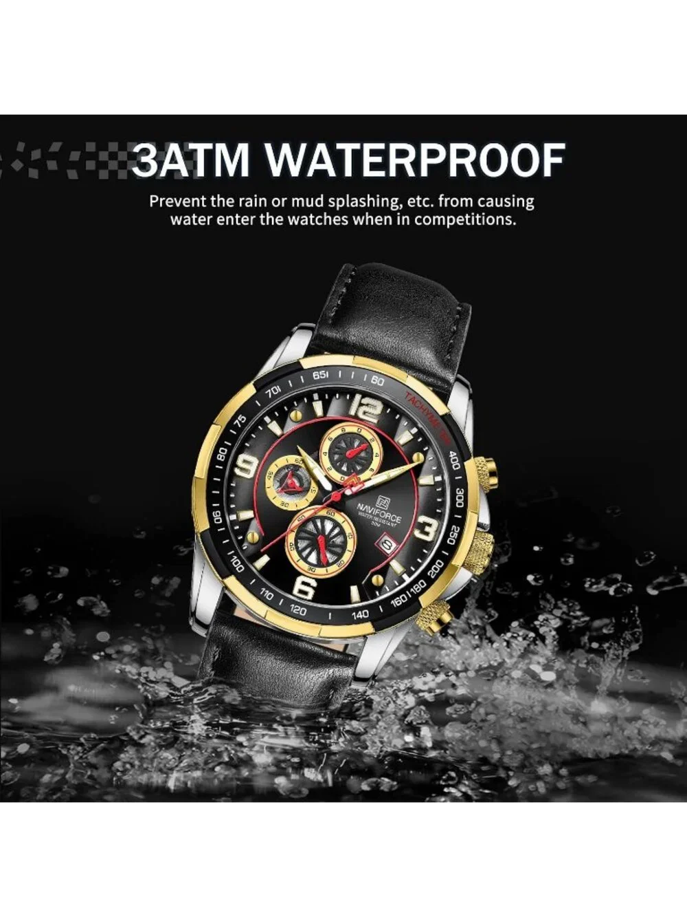 Men's Gold Black Analog Quartz Chronograph Leather Strap Fashion Wrist Watch